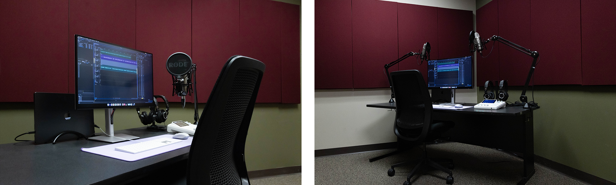 2 different angles of the ITRC Audio room, featuring a computer, two microphones and an audio mixer.