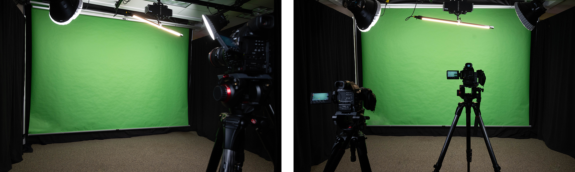 Two angles of the ITRC studio set up with a green screen and a camera.