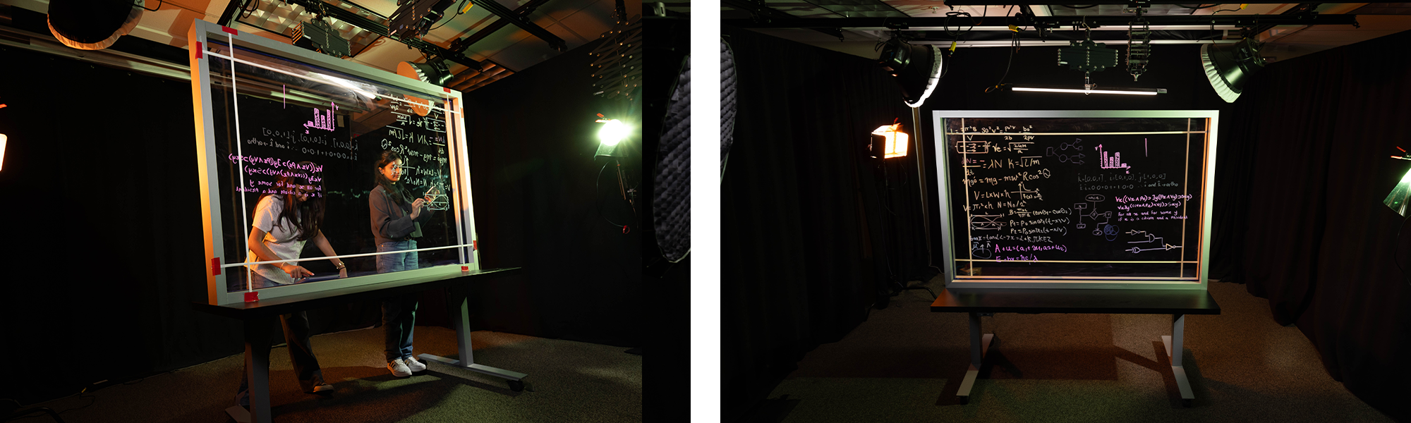 Two angles of the ITRC studio set up with a black background and the light board with writing on it.