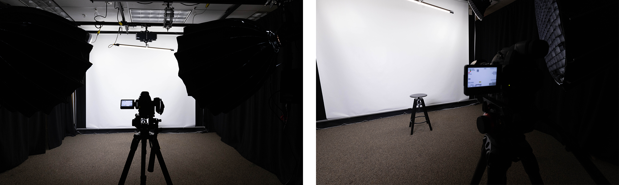 2 angles of the ITRC studio set up with a white background, lighting, camera, and a chair.